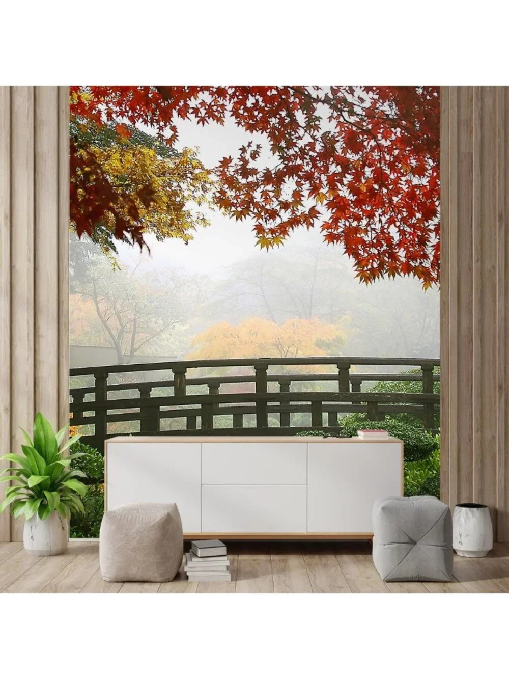 Large Removable Wall Mural - Misty Fall Morning in Japanese Gardens, 108x72